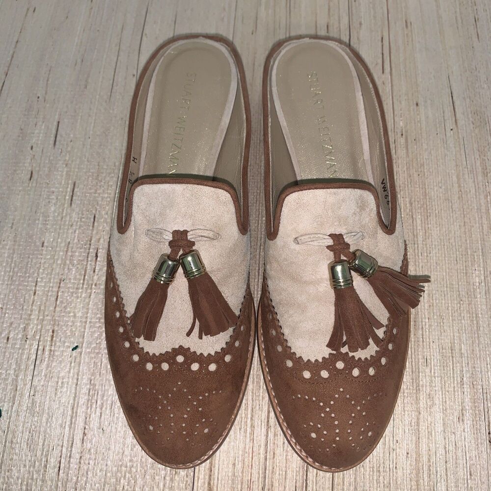 Stuart Weitzman Womens Brown/Cream Suede Tassel Designer Mules 8.5 Preppy Office